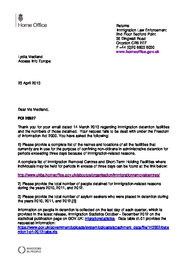United Kingdom Home Office - Access to Information Requests,  &   - Global Detention Project | Mapping immigration detention  around the world