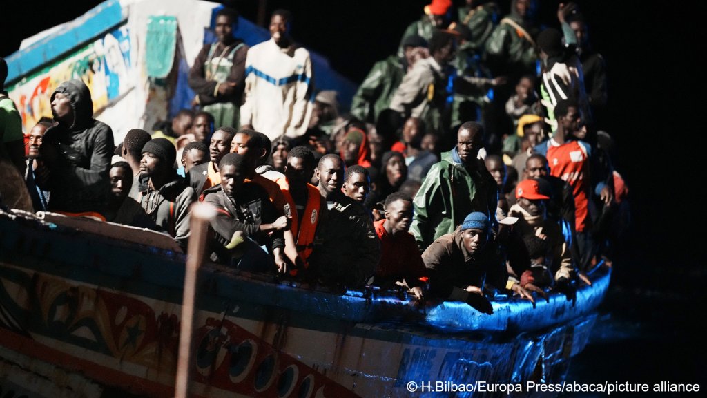 Migrants on a boat headed to the Canary Islands, (source: https://www.infomigrants.net/en/post/55792/canary-islands-un-steps-in-for-senegalese-teen-held-in-adult-prison)