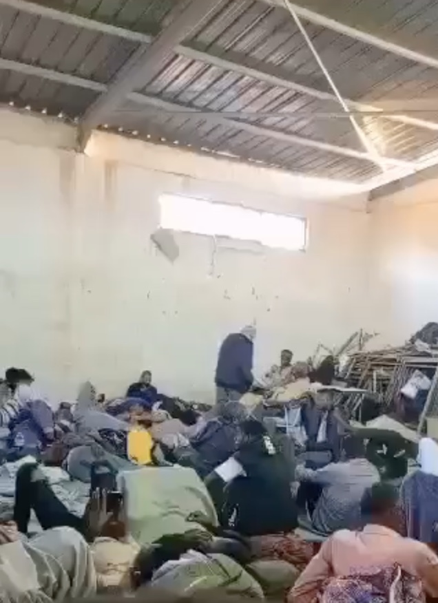 Screenshot from video of Sudanese detainees reportedly taken from inside an Egyptian military warehouse located near the border town of Abu Simbel (March 2024).