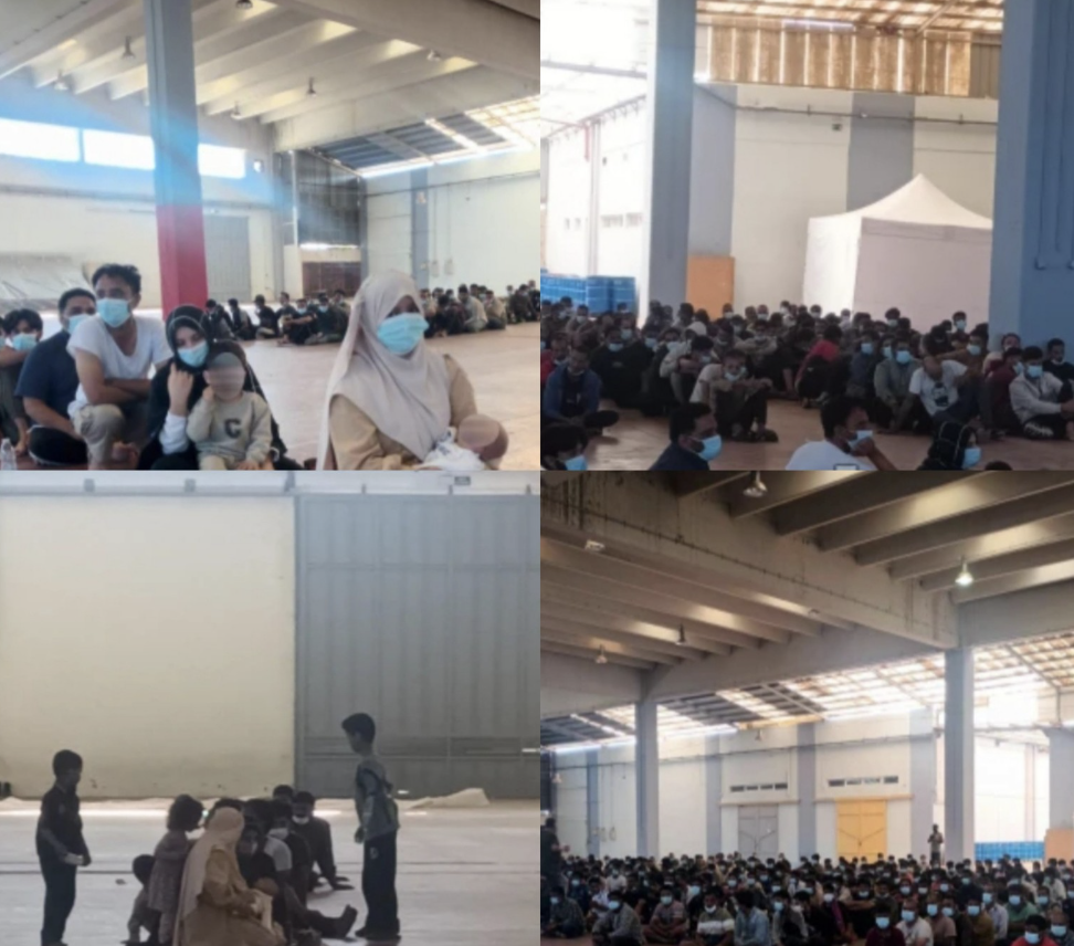 Arrivals, amongst them parents with young children, are pictured while held in the "exhibition structure" outside Chania, June 2025 (c) Thalassa Solidarity