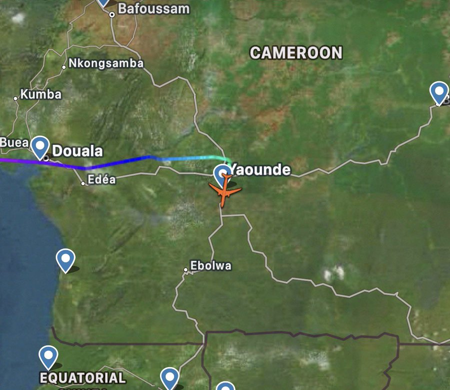 A screenshot by the ICE Flight Monitor shows the flight path of flight OAE4060, which landed in Cameroon's capital on 16 February 2026