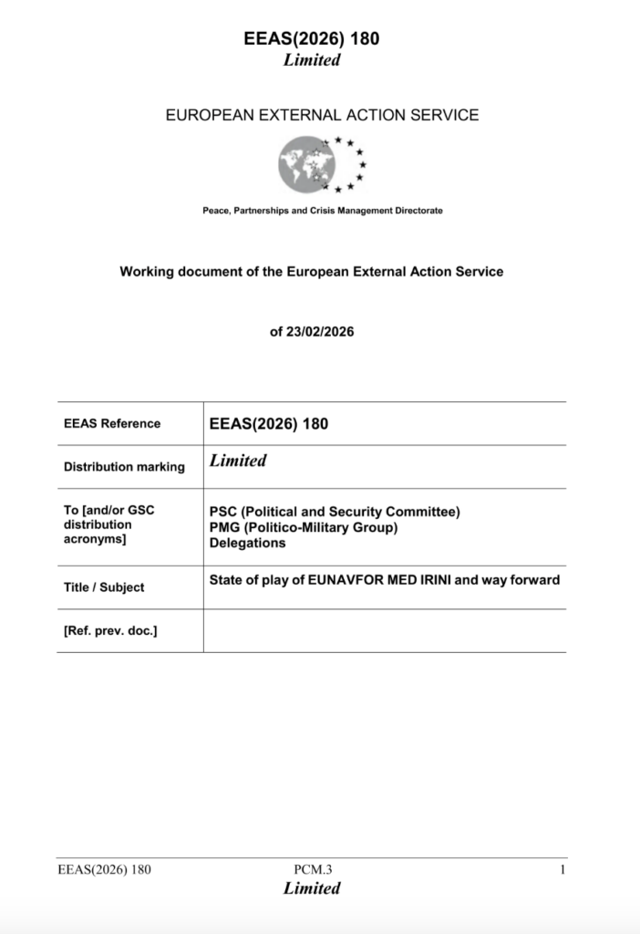 Screenshot of an internal EU document which mentions the MRCC Project in Benghazi (https://fragdenstaat.de/dokumente/274948-sachstand-mission-irini-24022026/?page=1)