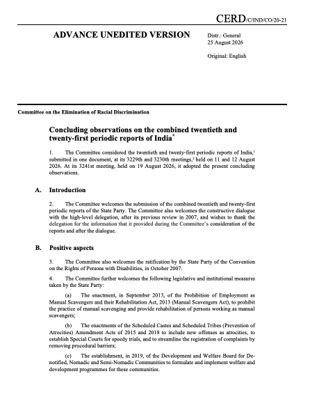 CERD's Concluding observations on the combined twentieth and twenty-first periodic reports of India (https://tinyurl.com/m32kw4c7)