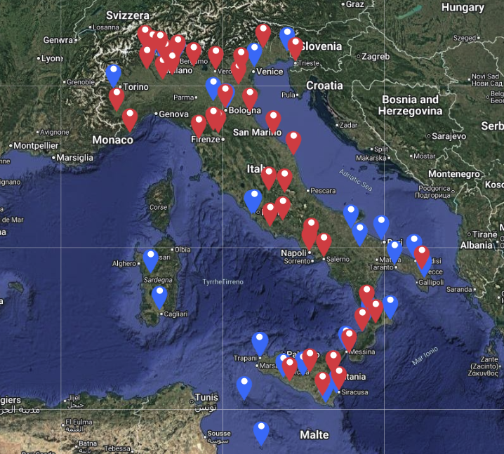 Facilities used for the detention of migrants, refugees, and asylum seekers in Italy. Blue: Administrative; Red: Criminal (Source: Global Detention Project)